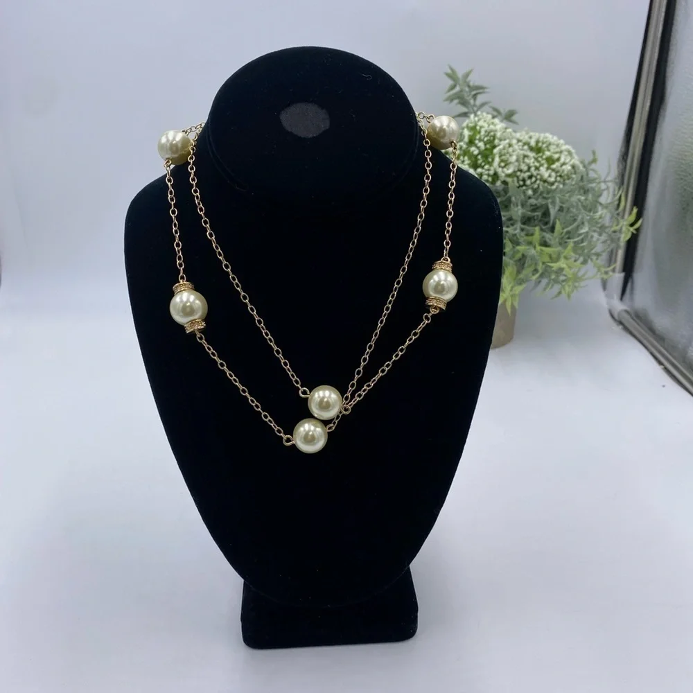 J. Crew Faux‎ Pearl and Rhinestone Necklace Long Strand Necklace Gold Tone